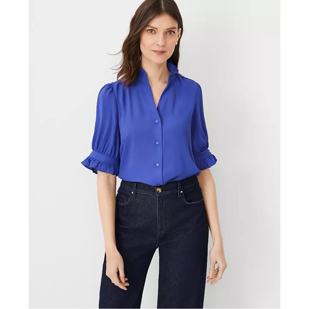 {Ann Taylor} Ruffle Button Top in Azurine Blue - Size XL - NWT